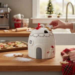 Magenta Home Festive Snowman Igloo Cookie Jar - White/Gray/Red NWT